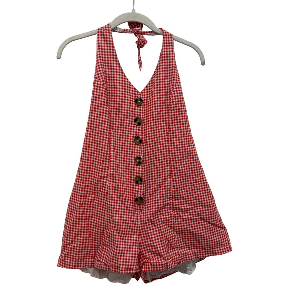 Urban Outfitters Red Gingham Halter‎ Romper Button Front Mini Size M